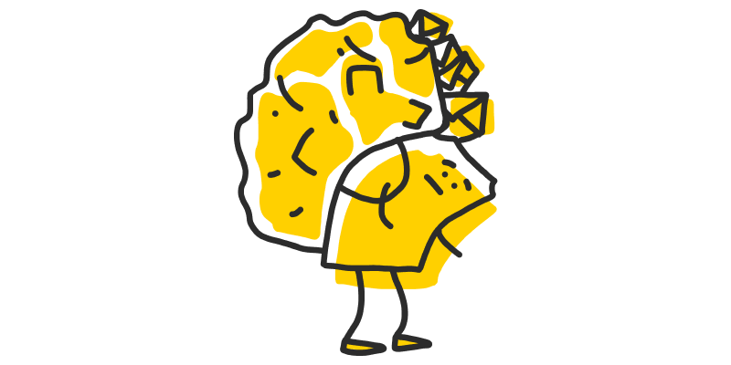 Unhappy ticket character who is bending under a heavy backpack.