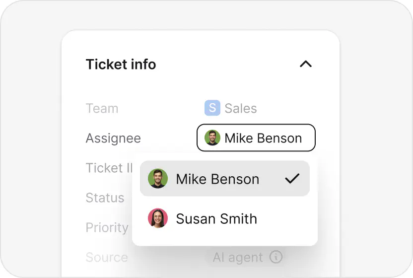 Assignee picker routing a ticket to a teammate in HelpDesk