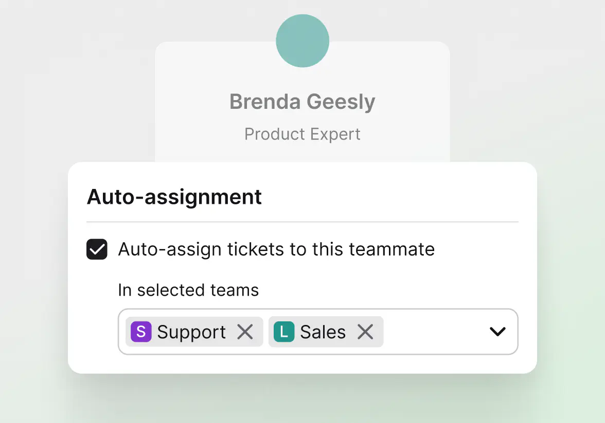 Auto-assignment settings assigning tickets to a teammate in selected teams in HelpDesk