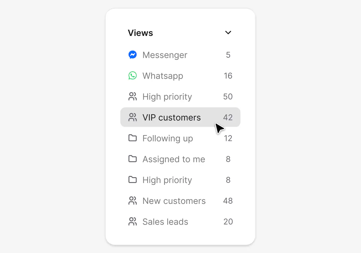 Custom ticket views list with channels, priorities, and saved filters in HelpDesk