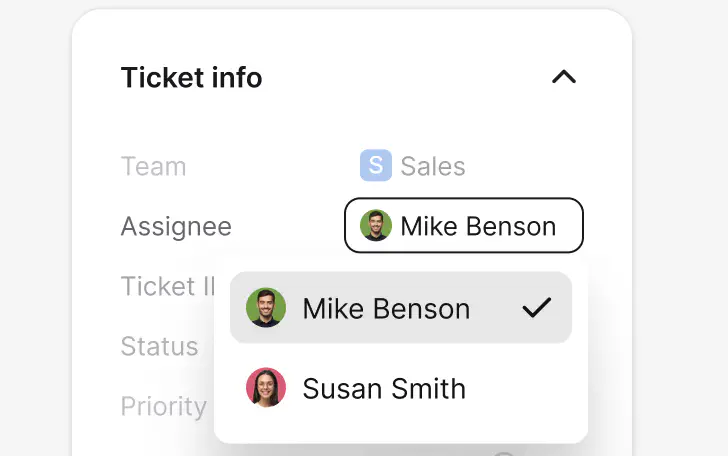 Assignee picker routing a ticket to a teammate in HelpDesk