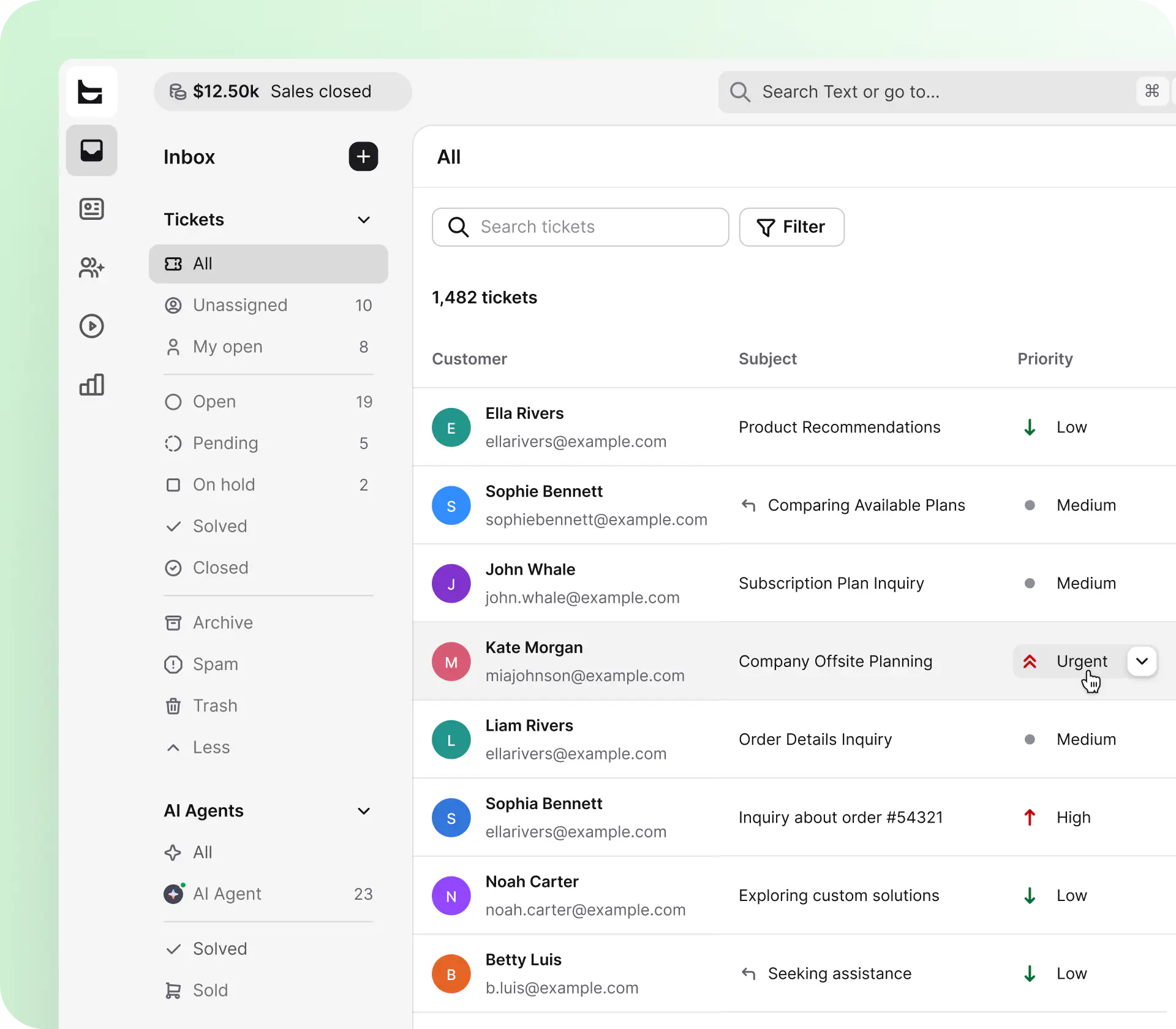 HelpDesk ticket inbox showing AI-assisted support with 1,482 tickets, priority filtering, and multichannel views
