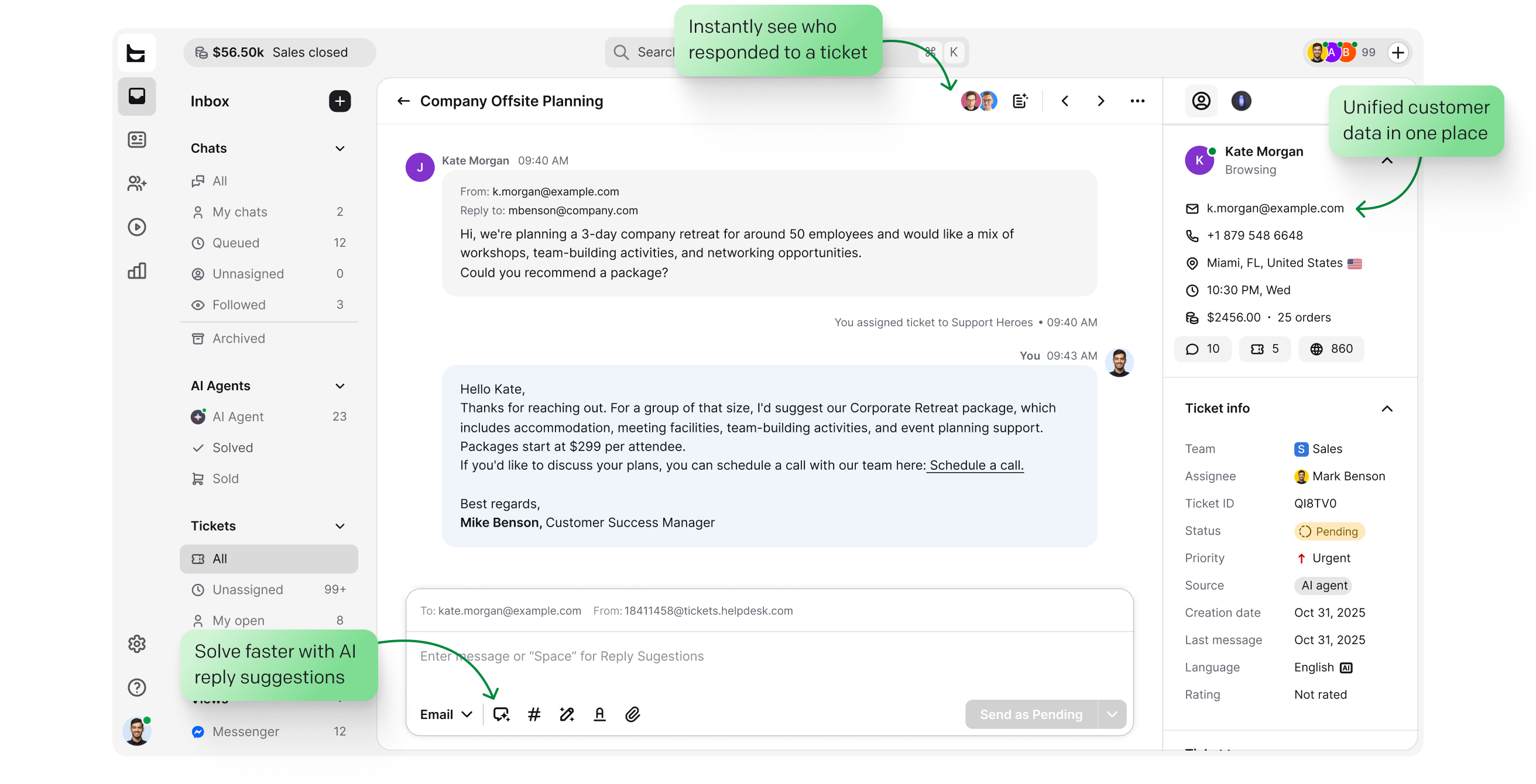 Solve — single ticket conversation view with AI reply suggestions and unified customer data