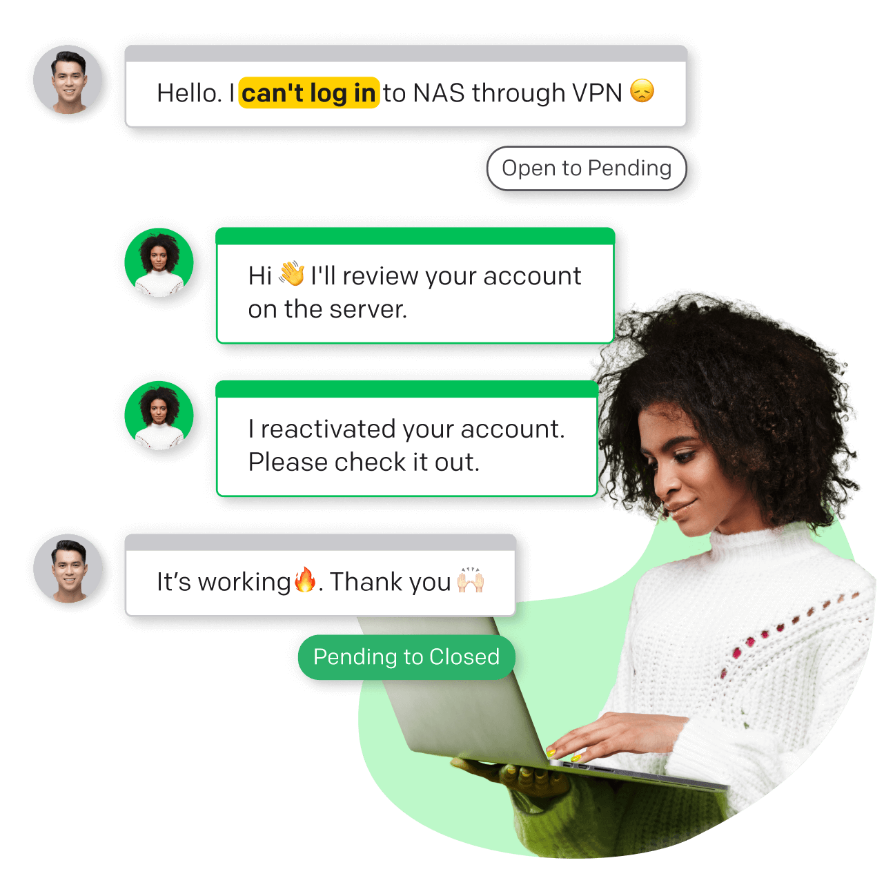 A support agent with a laptop helping a customer log in.