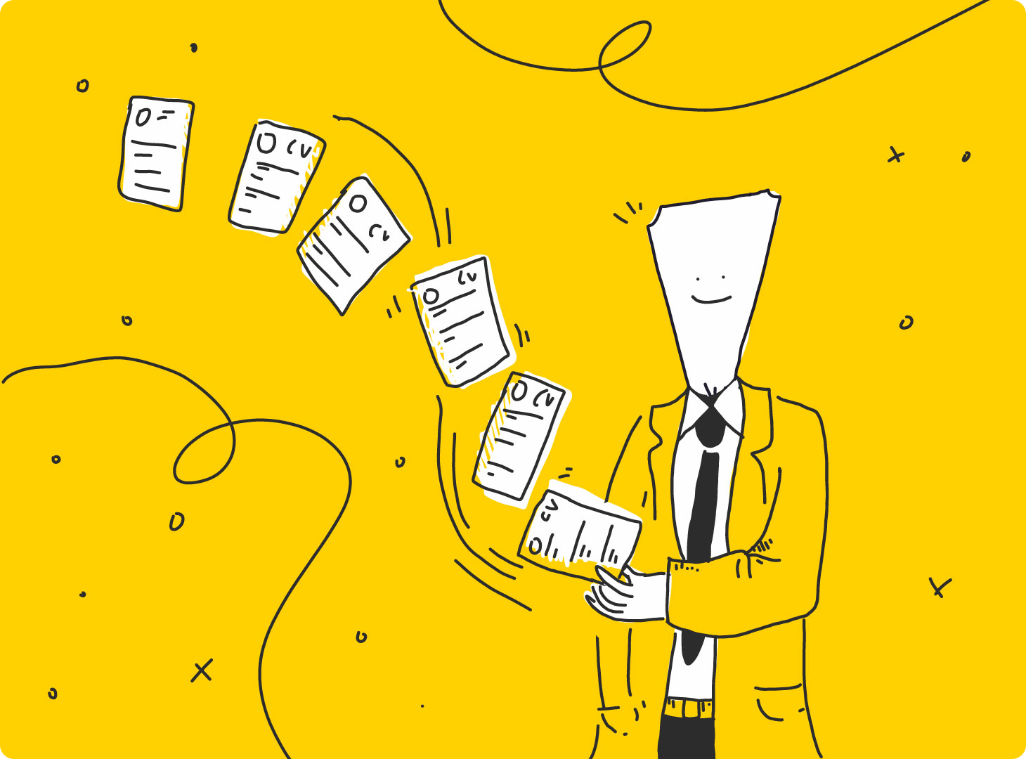 A ticket in a suite with flying documents