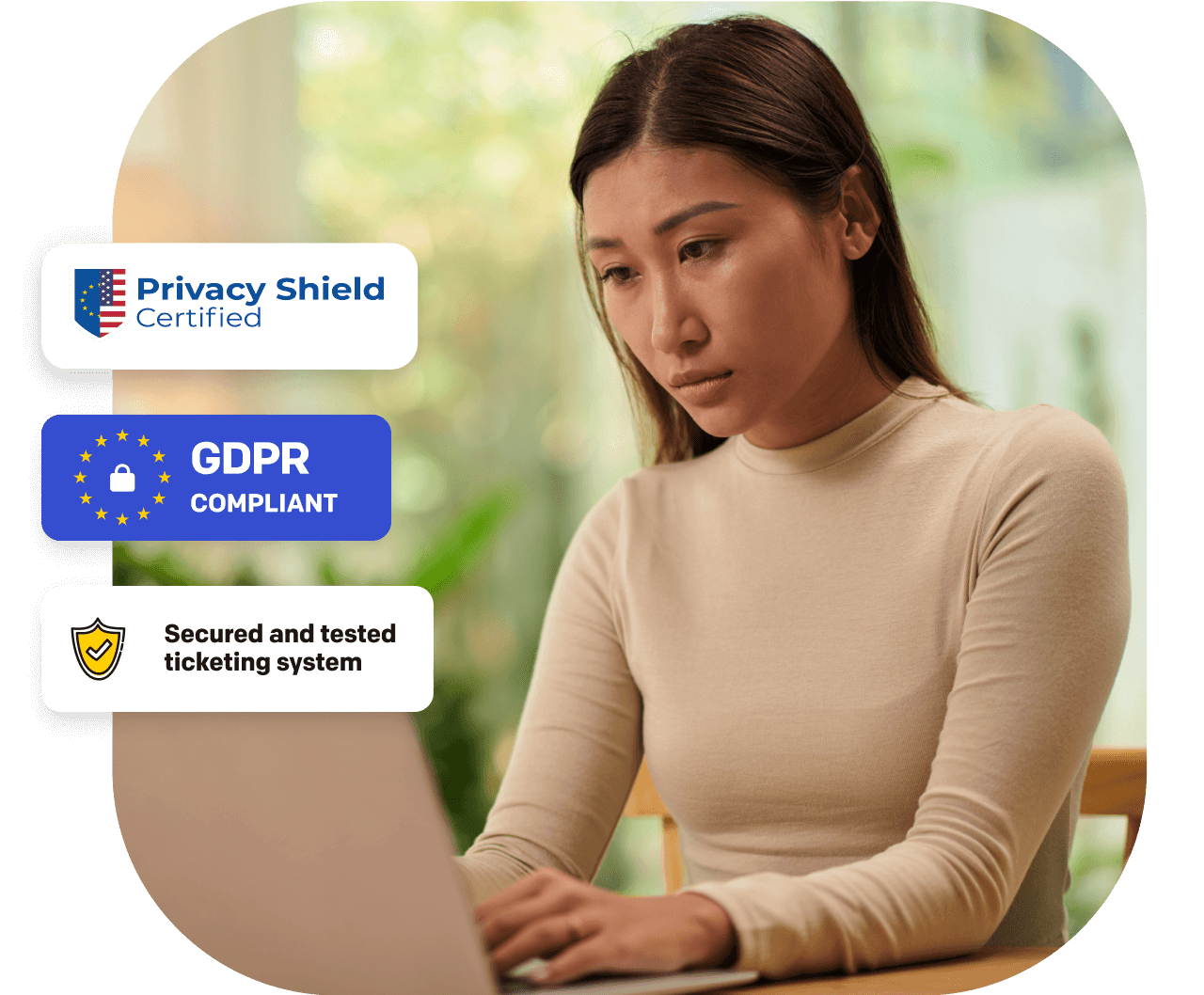 Secure Help Desk Software image showing Privacy Shield certification and GDPR compliance